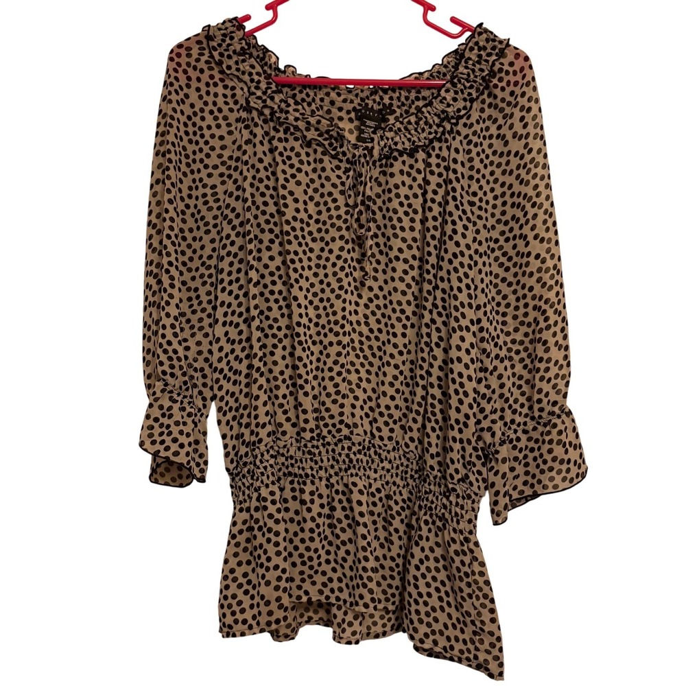 Y2K Apostrophe Sheer Polka Dot Ruffle Neckline 1/2 Sleeve‎ Blouse Women's Large